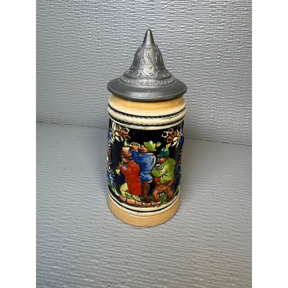 Vintage German Style Ceramic Beer Stein with Hinged Pewter Lid 6 Inch Relief